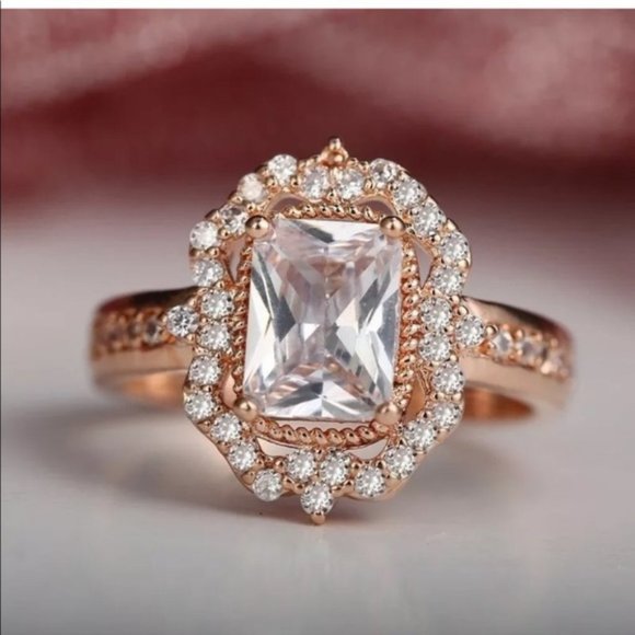 Cocktail Ring Rose Gold Emerald Cut White Sapphire RING CZ SZ 10 NWT - Picture 3 of 8